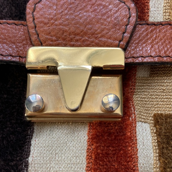 Vintage Hand Bag. Leather Trim, Geometric Fabric Stripes - Picture 6 of 9